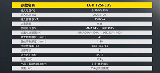 j9国际站备用LGK125PLUS等离子切割机参数